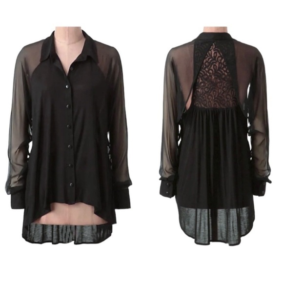 Anthropologie Lace Back Blouse Small 2 4 Black Bolero Overlay Silk + Modal NWT